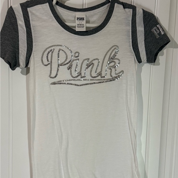 Victoria’s Secret PINK Sequin Logo Tee Size S White/Grey - Picture 1 of 6